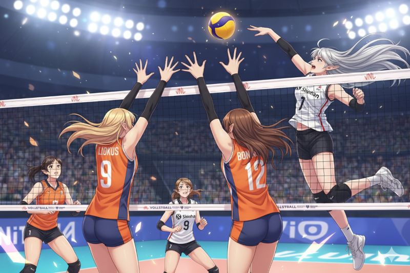 배구 경기 사진을 애니메이션 스타일로 변환한 결과