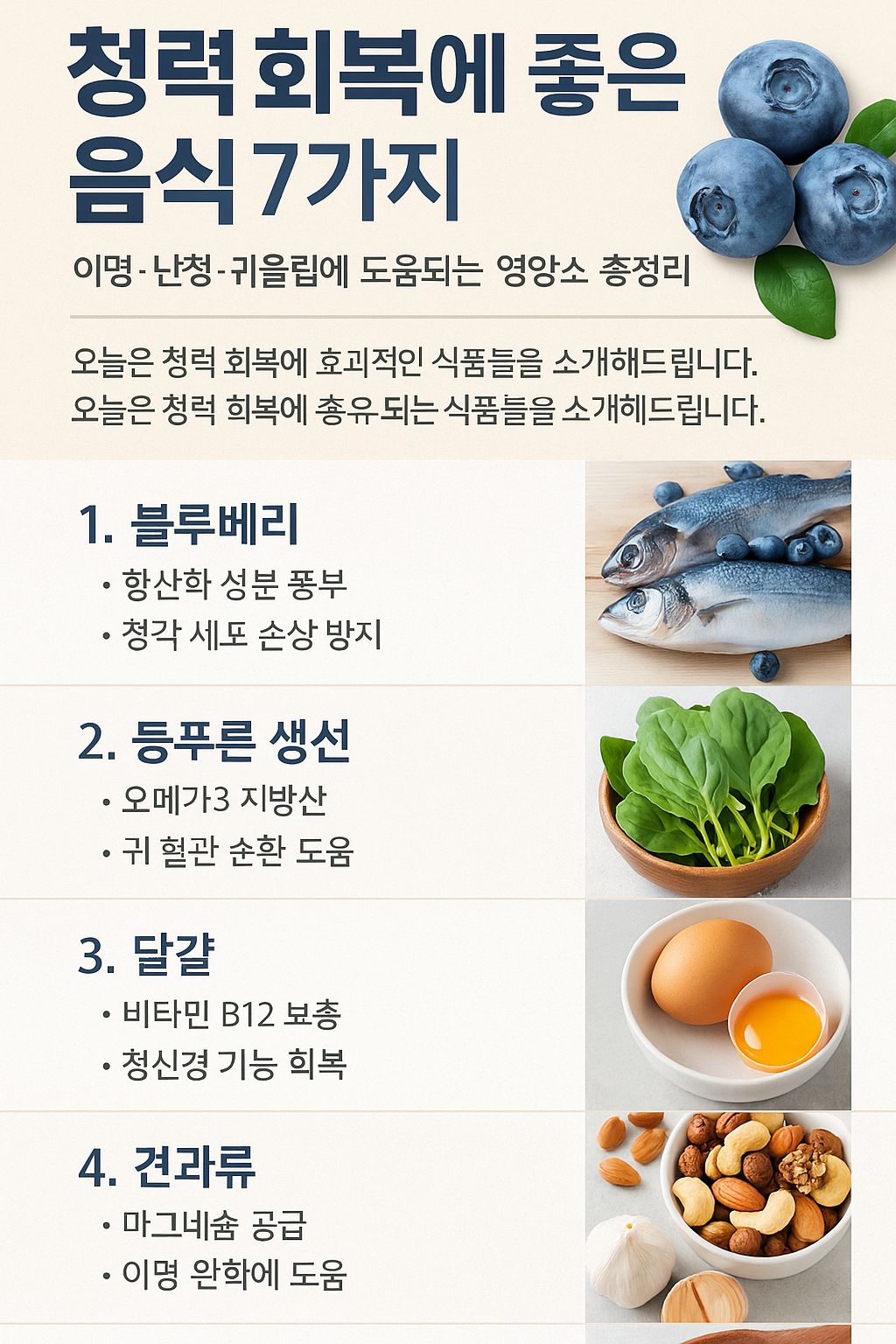 청력 회복에 좋은 음식 7가지 ❘ 이명·난청·귀울림에 도움되는 영양소 총정리