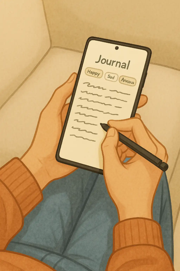 갤럭시 S25 울트라의 S펜으로 디지털 저널에 감정을 기록하는 모습, 마음챙김과 회복을 위한 스마트폰 활용 예시