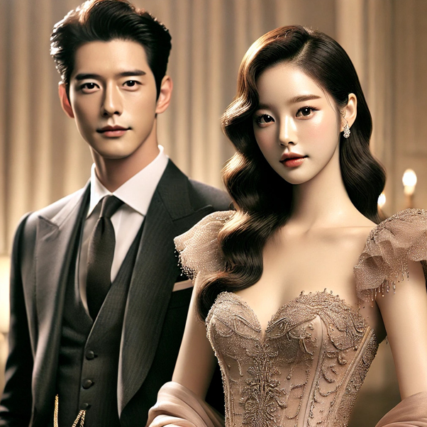 한국 드라마. 정장 차림의 젊은 남녀 주인공