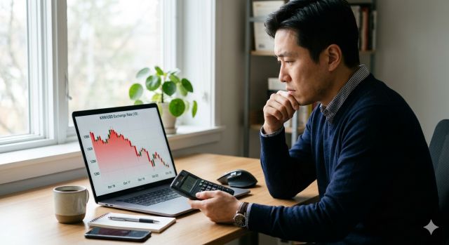 환율 하락 그래프를 보며 달러 매수 타이밍을 고민하는 투자자 모습