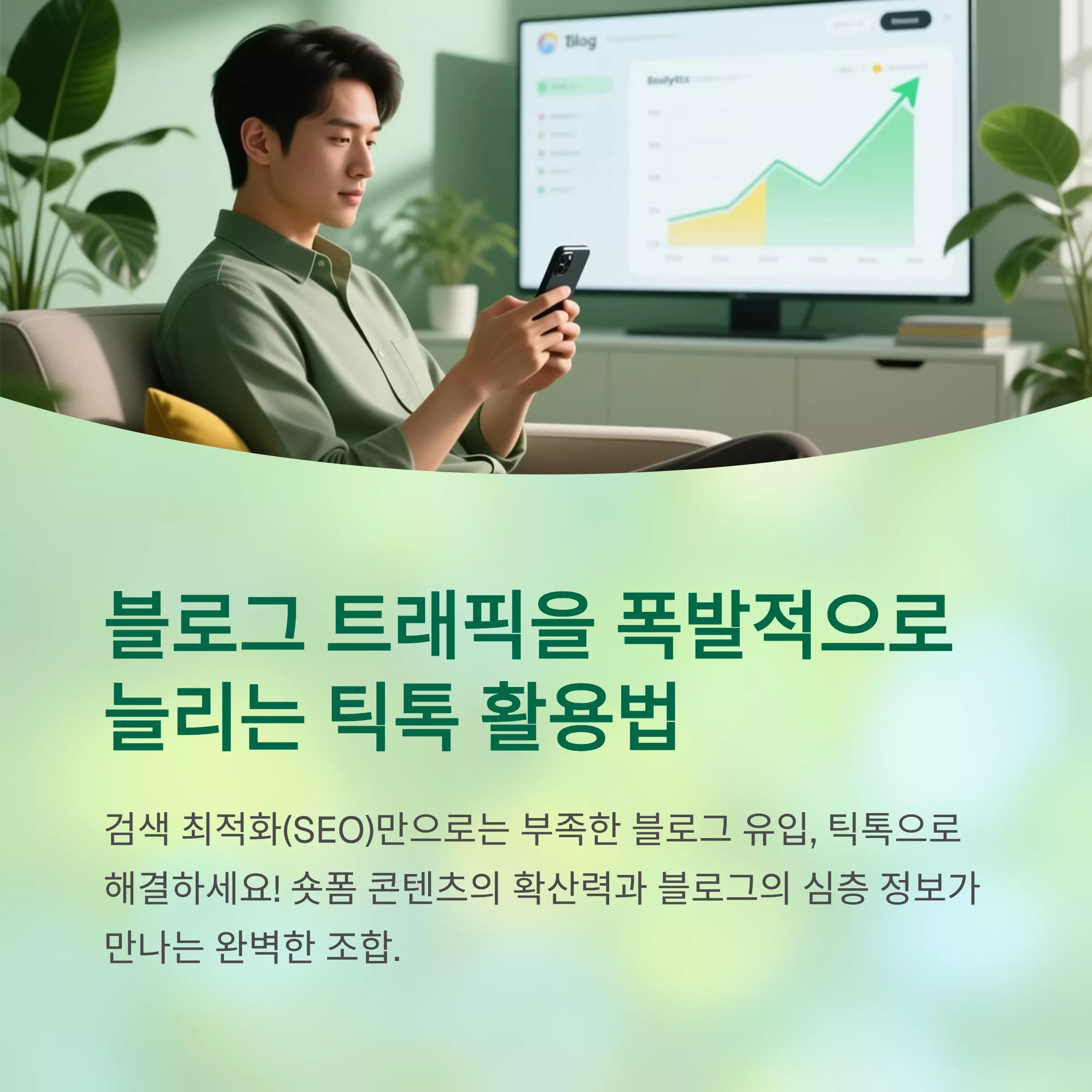 블로그 트래픽 증가 그래프를 보며 스마트폰으로 틱톡을 활용하는 남성