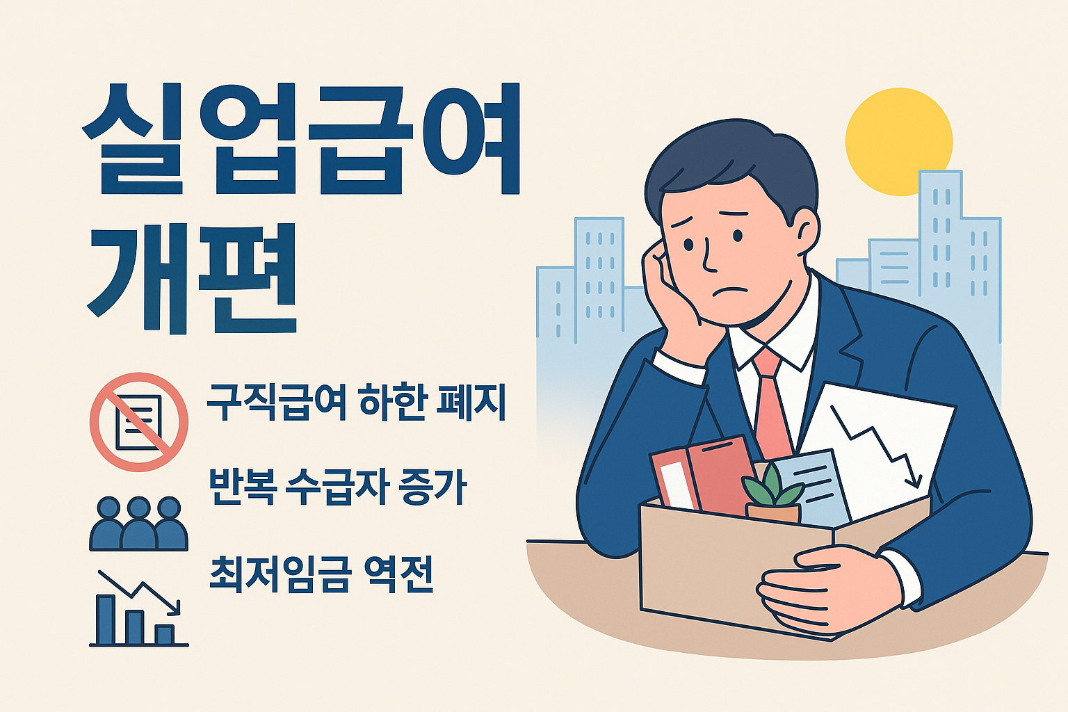 실업급여 개편의 핵심 내용을 요약한 일러스트 이미지
