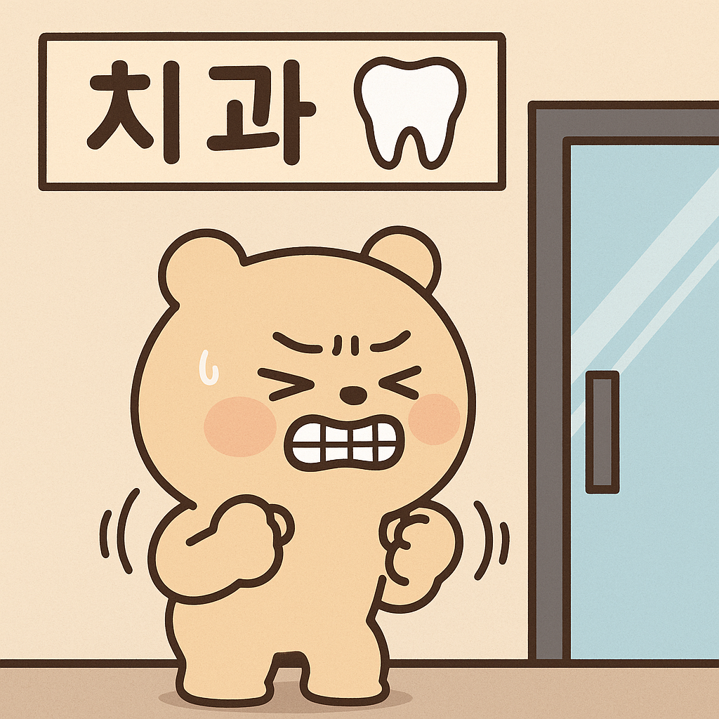 치과 앞에서 이를 악물고 긴장하는 모습