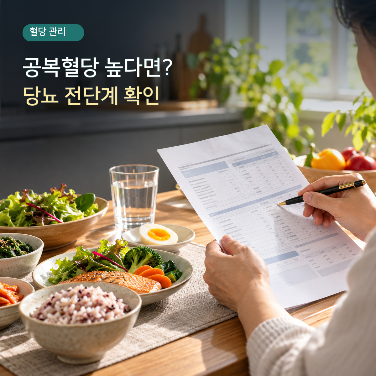 채소와 생선이 차려진 식탁에서 건강검진 결과지를 살펴보는 모습과 공복혈당 관리 문구가 담긴 대표 이미지