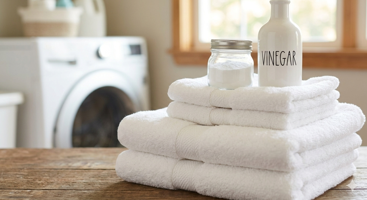 햇살 아래 건조되는 보송보송한 수건과 천연 세제(식초, 베이킹소다)