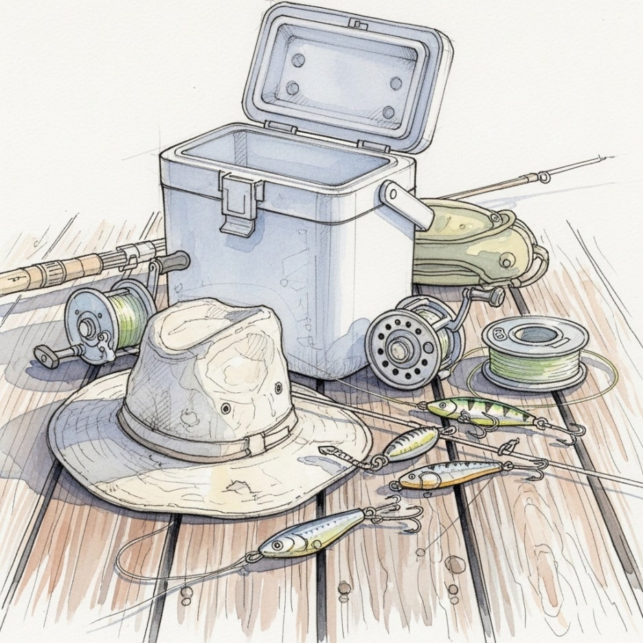 낚시 도구와 소지품들이 가지런히 놓인 모습