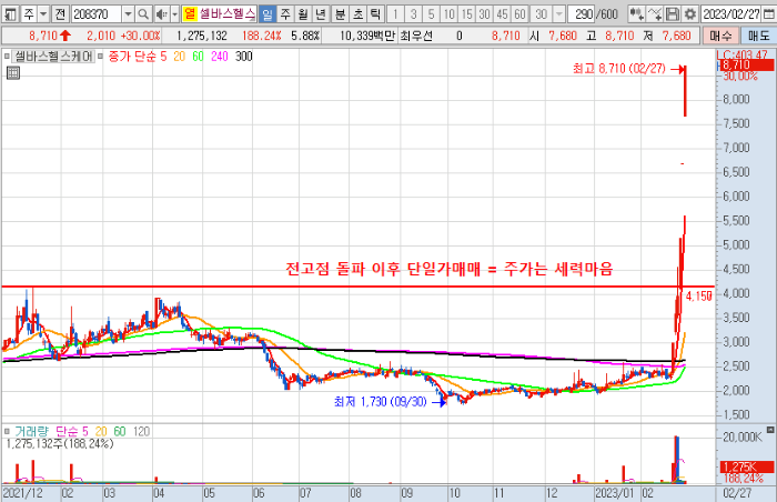 2월 27일 셀바스헬스케어 주가 일봉 차트