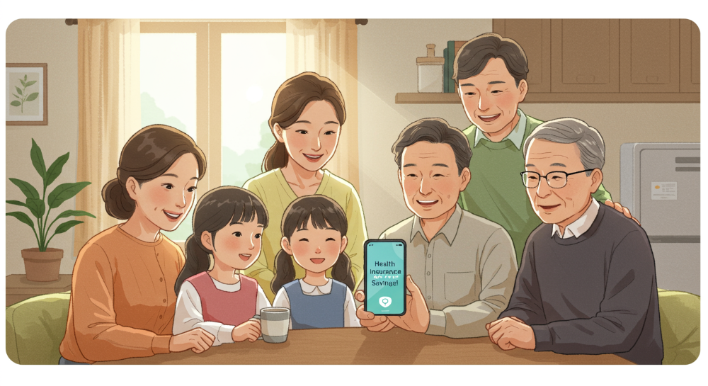 건강보험 피부양자 등록으로 건강보험료를 절감하고 행복해하는 가족들의 모습.