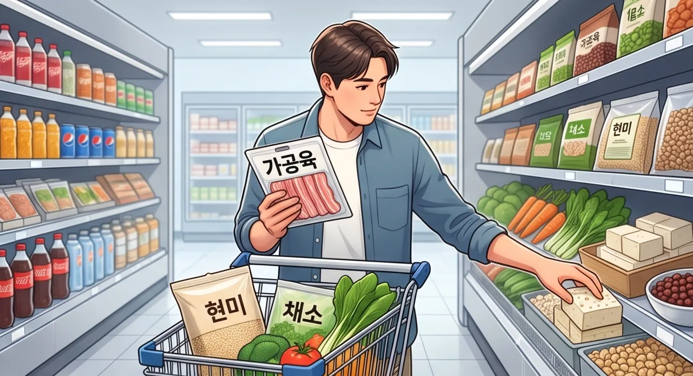 마트에서 가공육을 피하고 현미, 채소, 두부 등 건강 식재료를 장바구니에 담는 남성