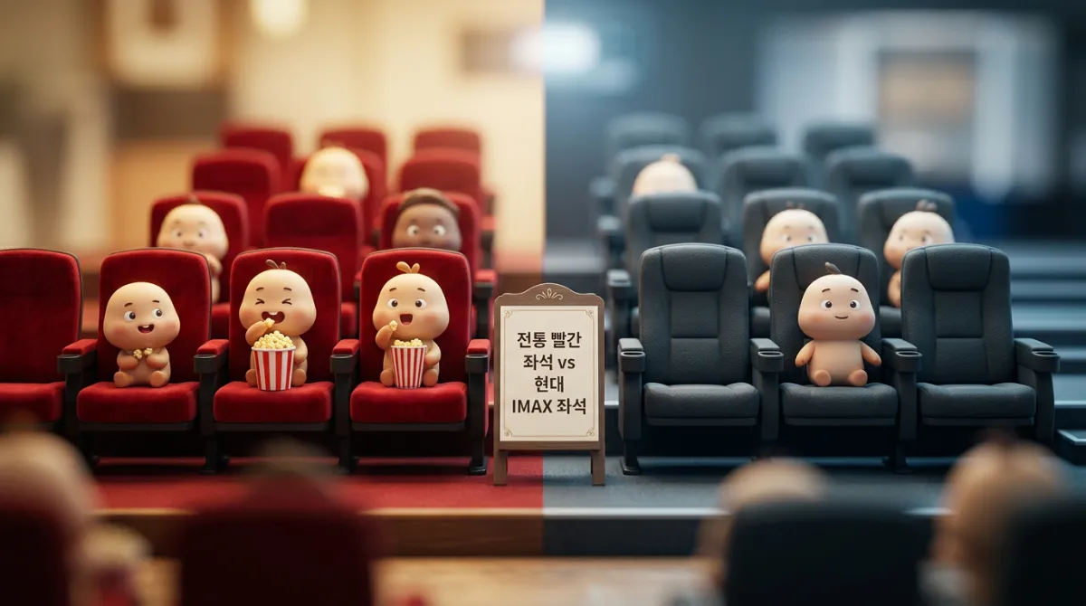 전통 빨간 영화관 좌석과 현대 IMAX 검정 좌석을 비교하는 미니어처 디오라마