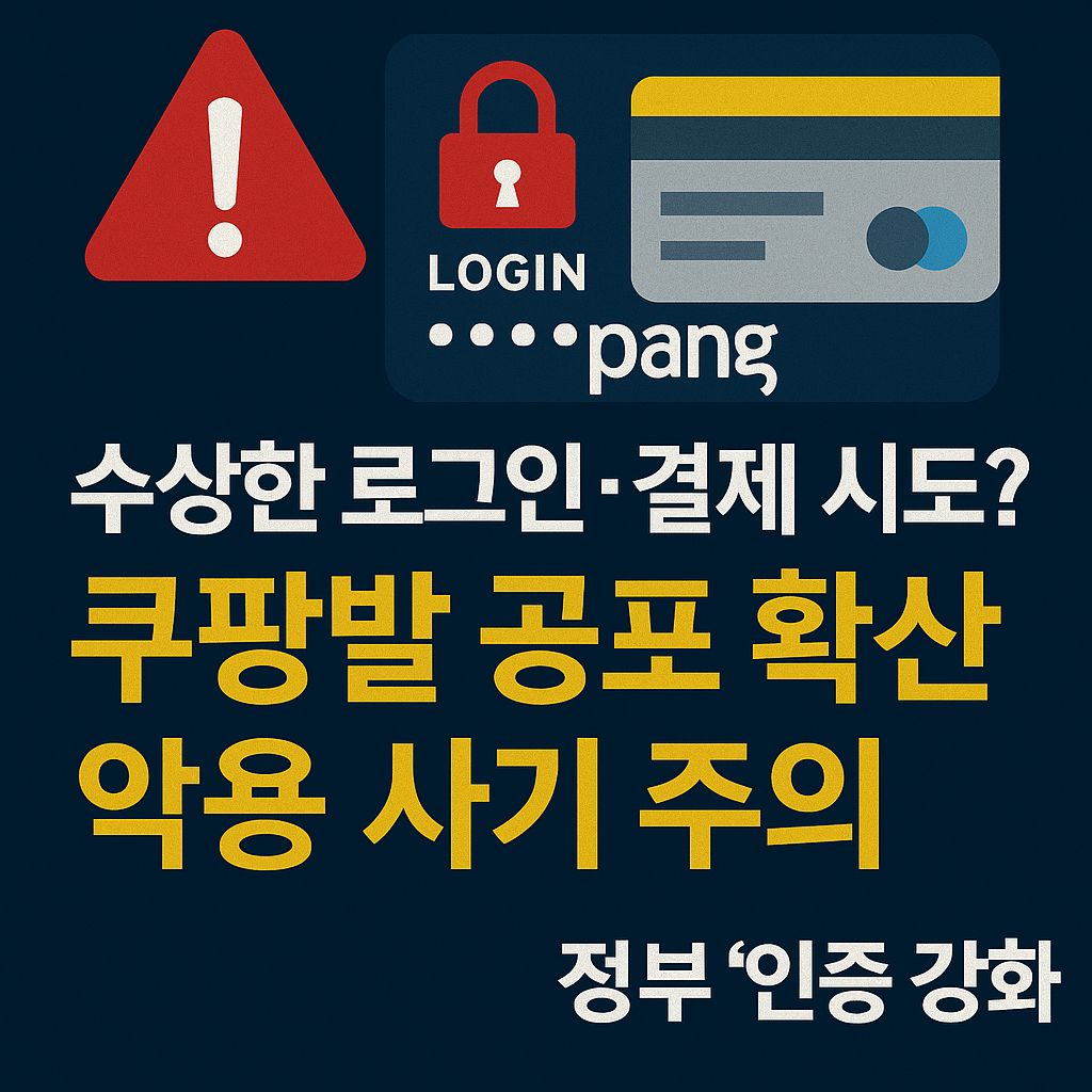 &ldquo;쿠팡 개인정보 유출 이후 수상한 로그인과 해외 결제 시도가 늘고 정부가 인증 강화를 발표한 상황을 경고하는 뉴스형 경고 썸네일 이미지&rdquo;