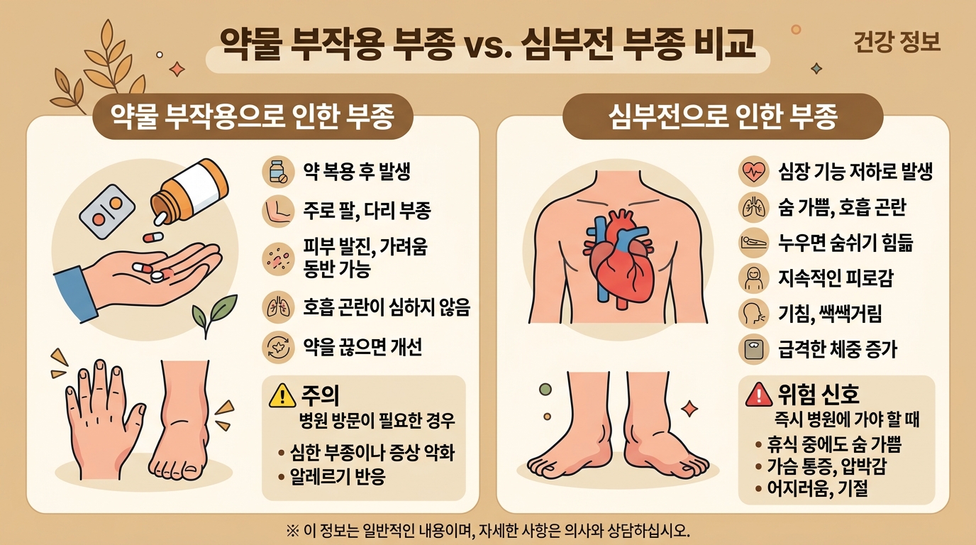 혈압약 부작용 붓기와 심부전 붓기 비교 인포그래픽