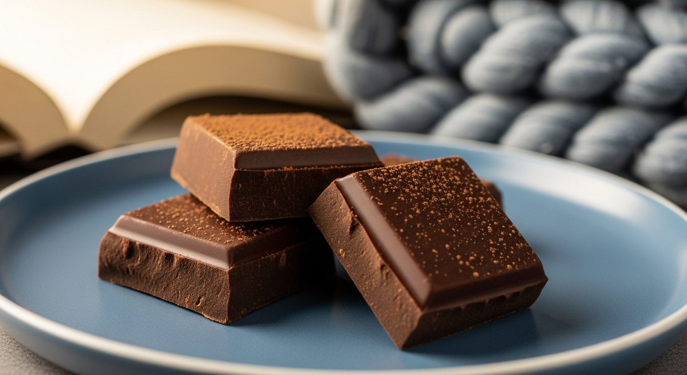 접시에 놓인 몇 조각의 다크 초콜릿 클로즈업 이미지. 편안하고 따뜻한 느낌을 준다.
