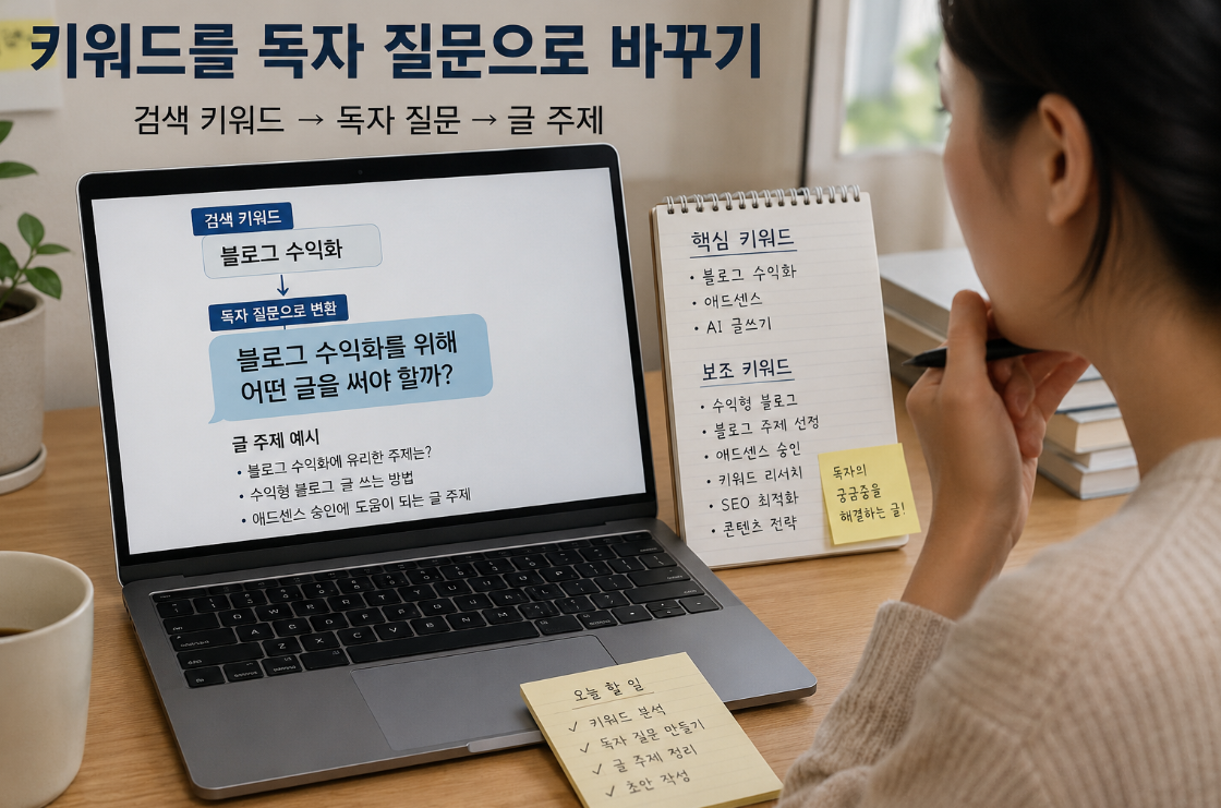 블로그 수익화 키워드를 독자 질문으로 바꾸어 글 주제를 찾는 장면