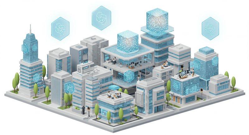 양자 기술이 완전히 통합된 미래 혁신 도시의 모습을 그린 3D 일러스트레이션, 사람들이 협력하는 모습 포함