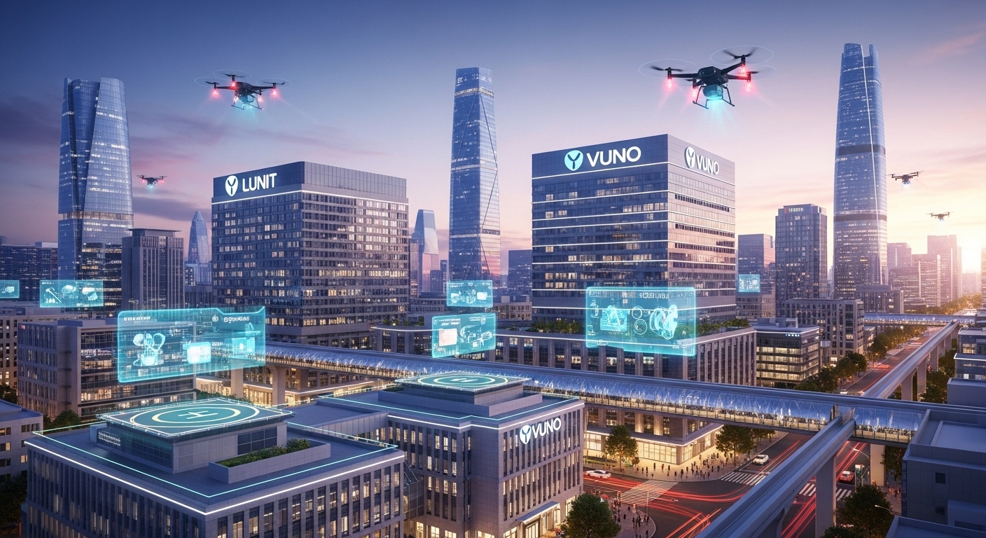 Smart city view with logos of major companies like Lunit and Vuno on hospital buildings, and drones delivering medicine.