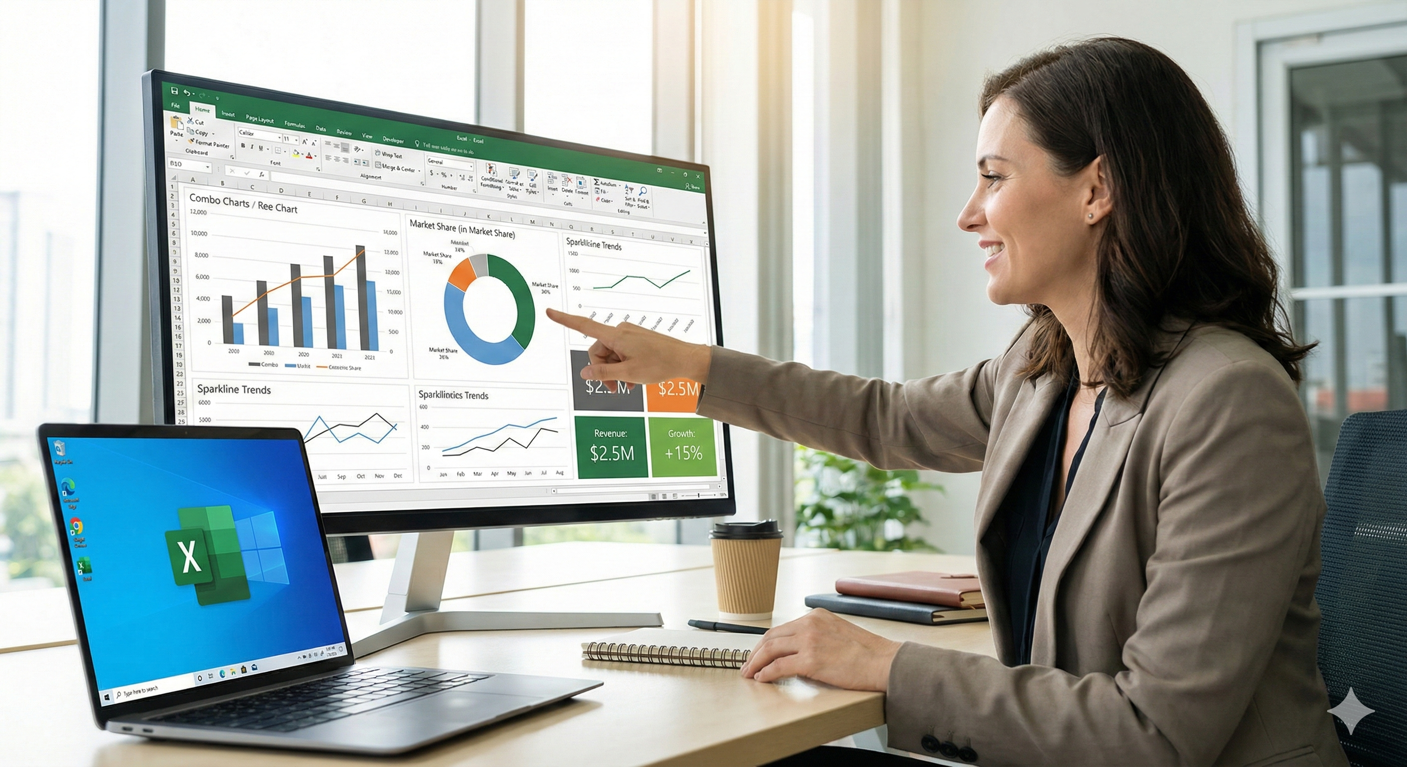 이 이미지는 글의 두 번째 핵심인 '차트와 시각화'의 결과물을 보여줍니다. 엑셀로 만든 전문적인 대시보드를 활용해 데이터 기반 의사결정을 내리는 '일잘러'의 모습을 실사 사진으로 표현하여 독자에게 동기를 부여하고 목표 이미지를 제시합니다.