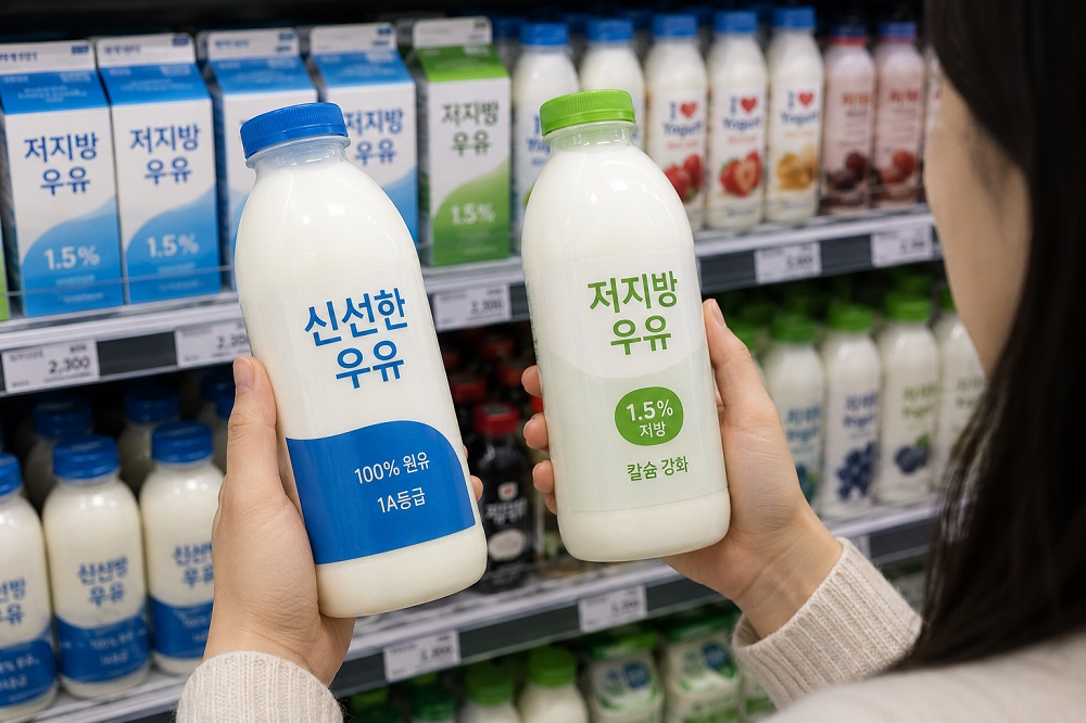 마트 냉장 진열대에서 일반 우유와 저지방 우유를 비교하는 모습