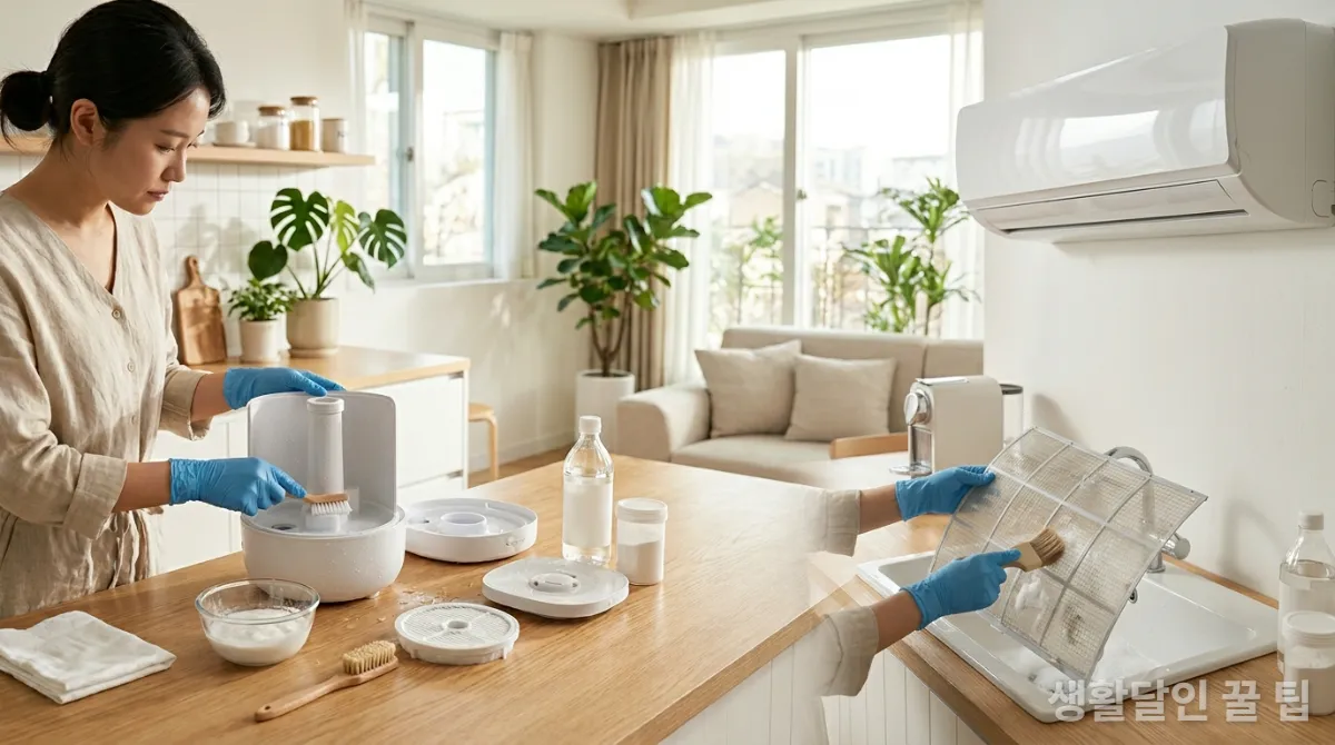 베이킹소다로 가습기를 청소하고 에어컨 필터를 관리하는 모습