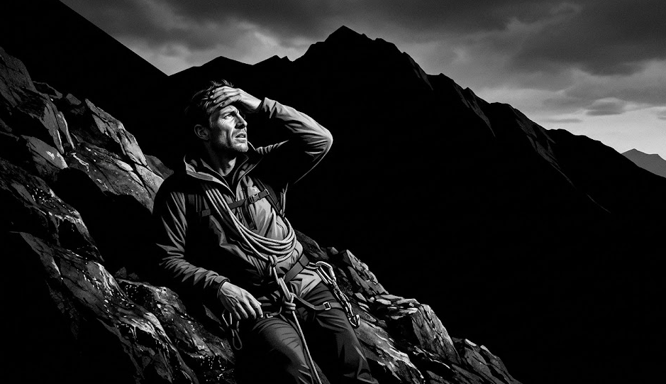 10미터 산인 줄 알았으나 100미터 산이었음을 깨닫고 좌절하는 일러스트