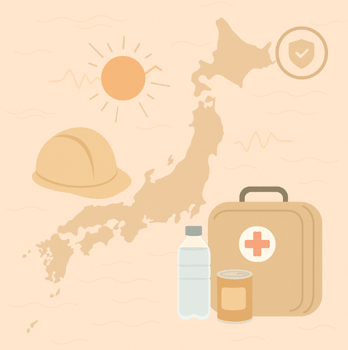일본 지도와 안전모, 응급 키트가 포함된 지진 대비 안전 아이콘 일러스트
