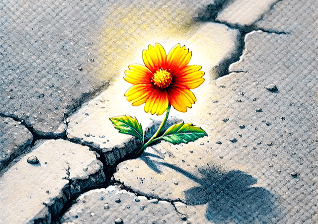 아스팔트 도로에 금이 나 있고, 그 금 사이로 노란색 꽃이 활짝 피어있다. 강한 집념으로 꽃을 피운 것이다.
