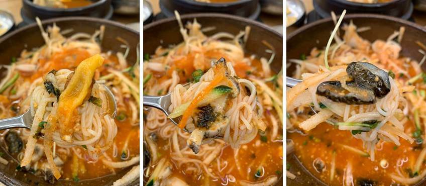 숟가락에 육수와 해산물이 가득 담긴 단지물회