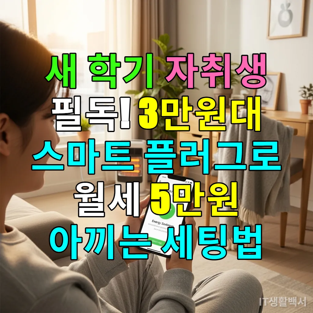 한국의 자취방 오피스텔에서 스마트폰 앱으로 에너지 절약 상태를 확인하며 미소 짓는 자취생의 모습