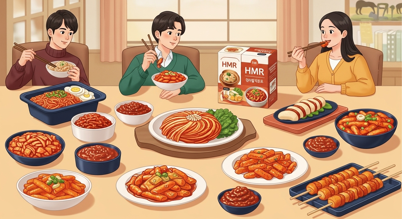 HMR, 발효 식품, 길거리 음식 등 현대적인 K-푸드들이 다양한 문화권의 사람들에게 사랑받는 모습을 담은 그림.