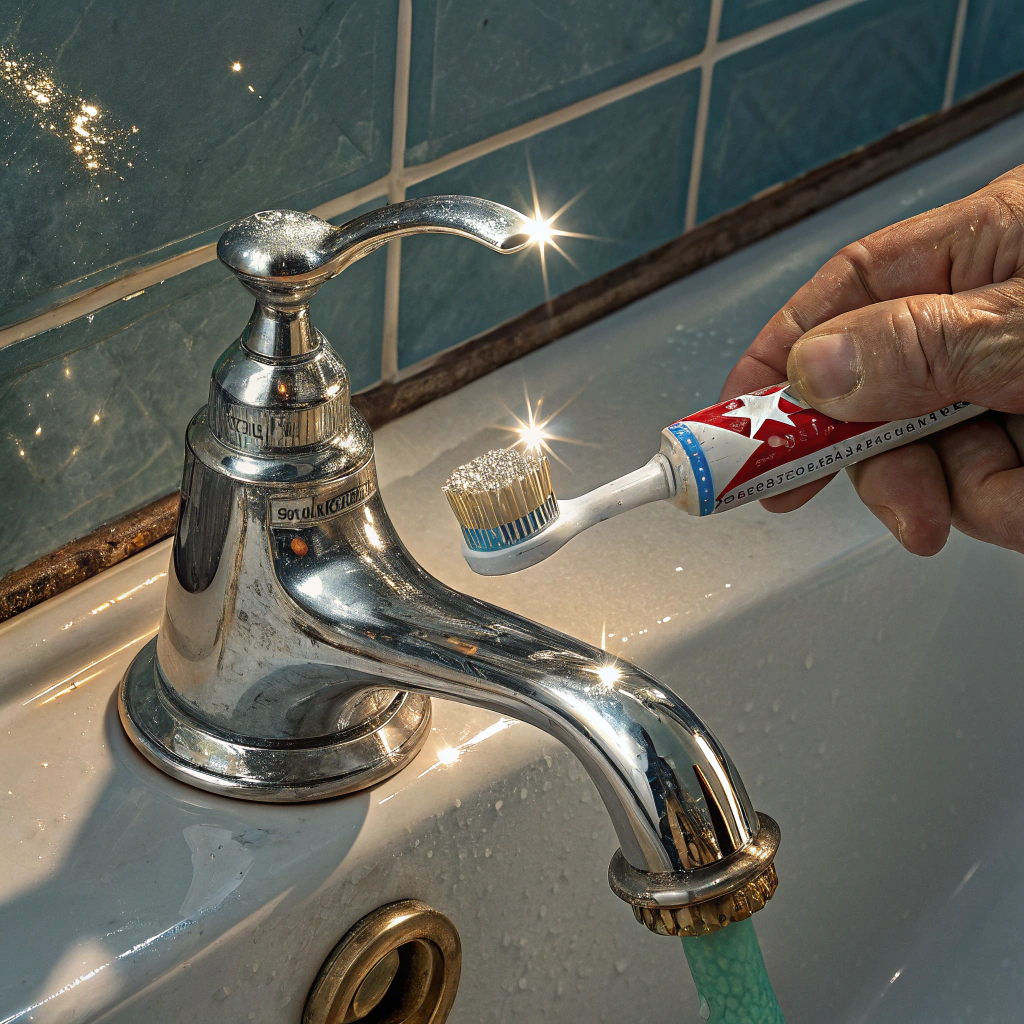 유통기한 지난 오래된 치약으로 수도꼭지를 닦는 모습