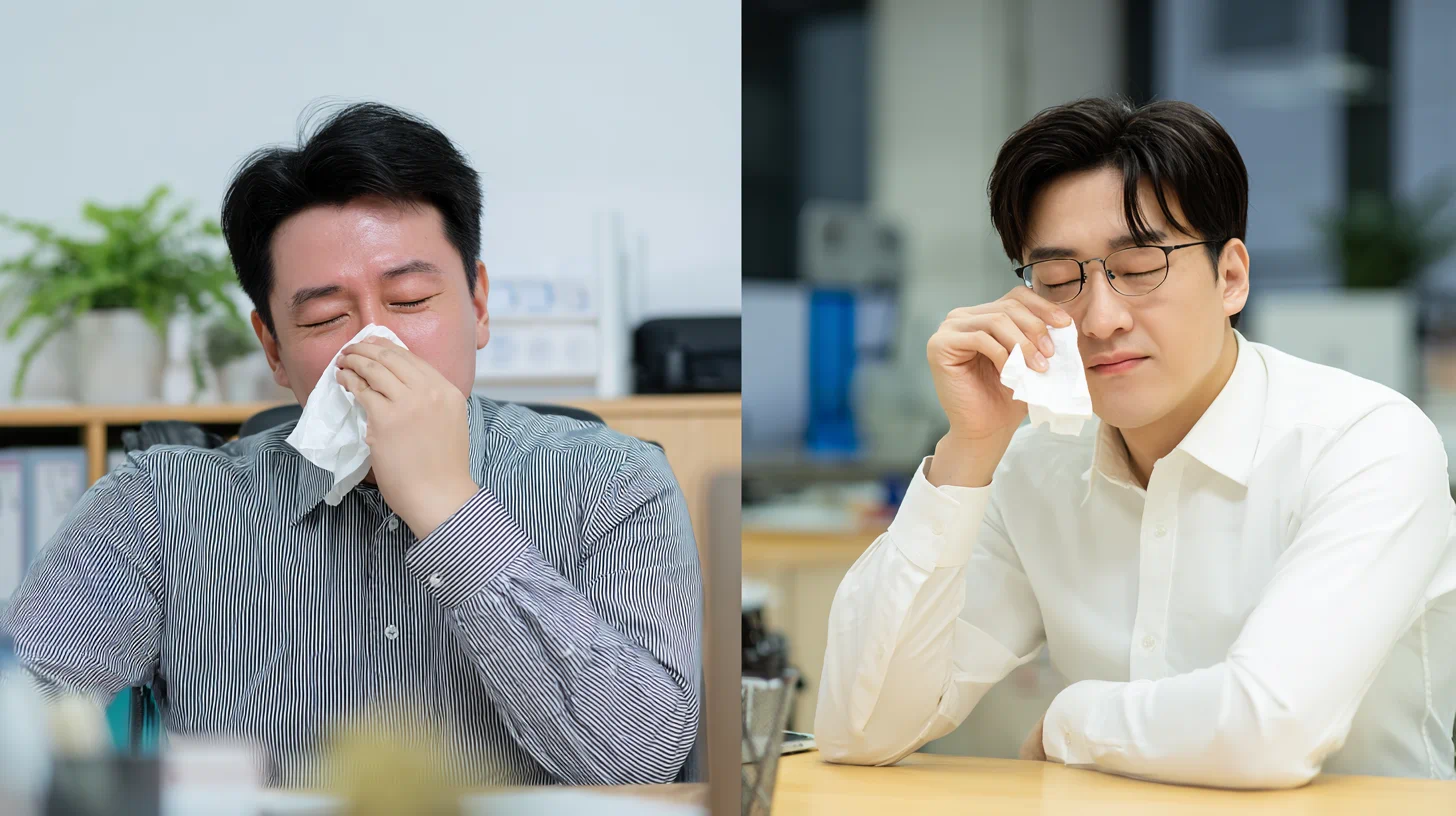 졸린 표정의 사람과 또렷한 표정의 사람 비교 이미지