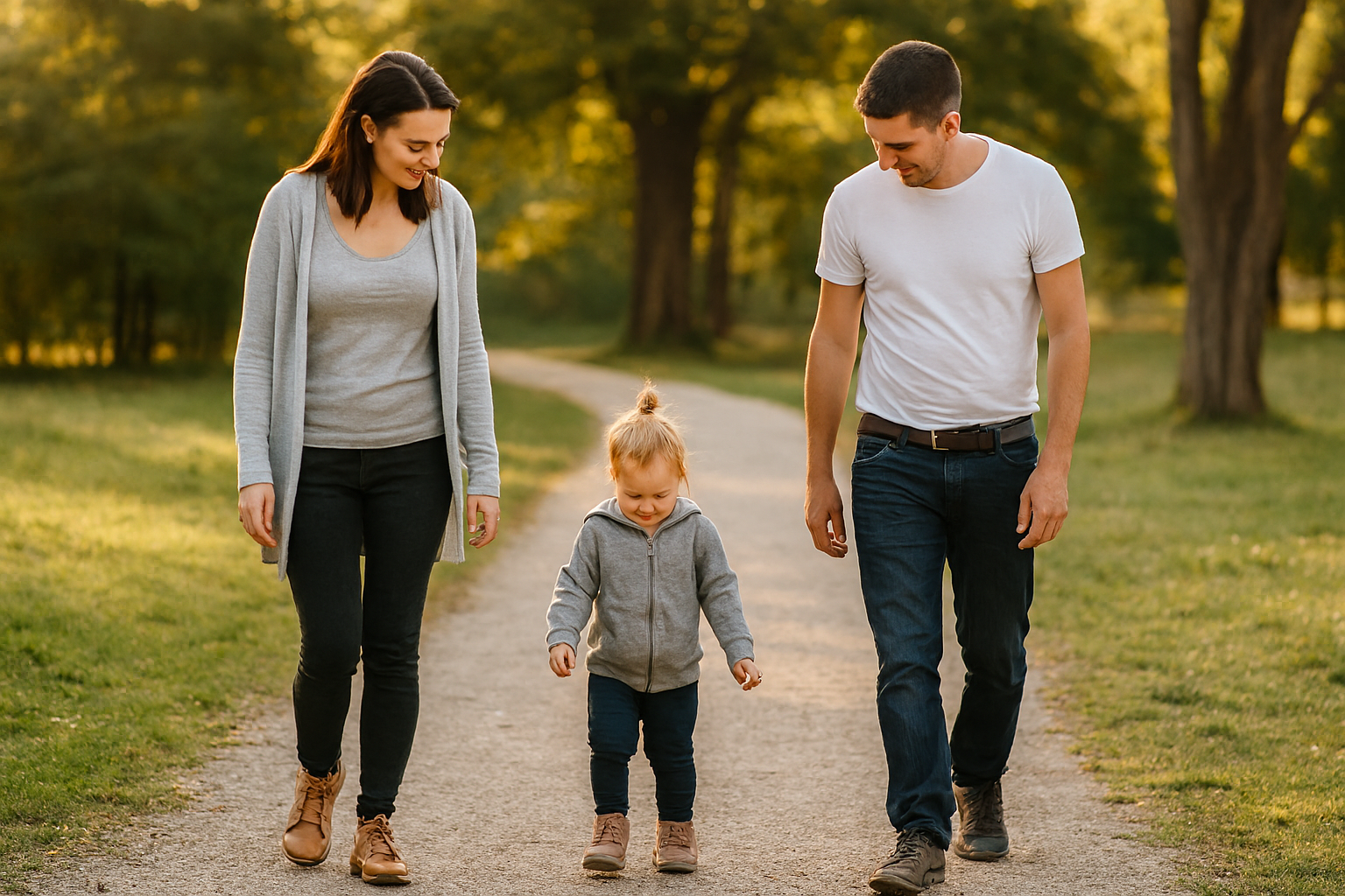 아이의 걸음걸이를 관찰하는 부모의 모습