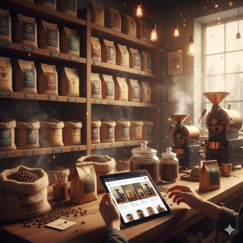 다양한 로스터리 원두가 진열된 원두쇼핑몰의 모습, 신선한 로스팅 향이 느껴지는 분위기(이미지 생성:google)