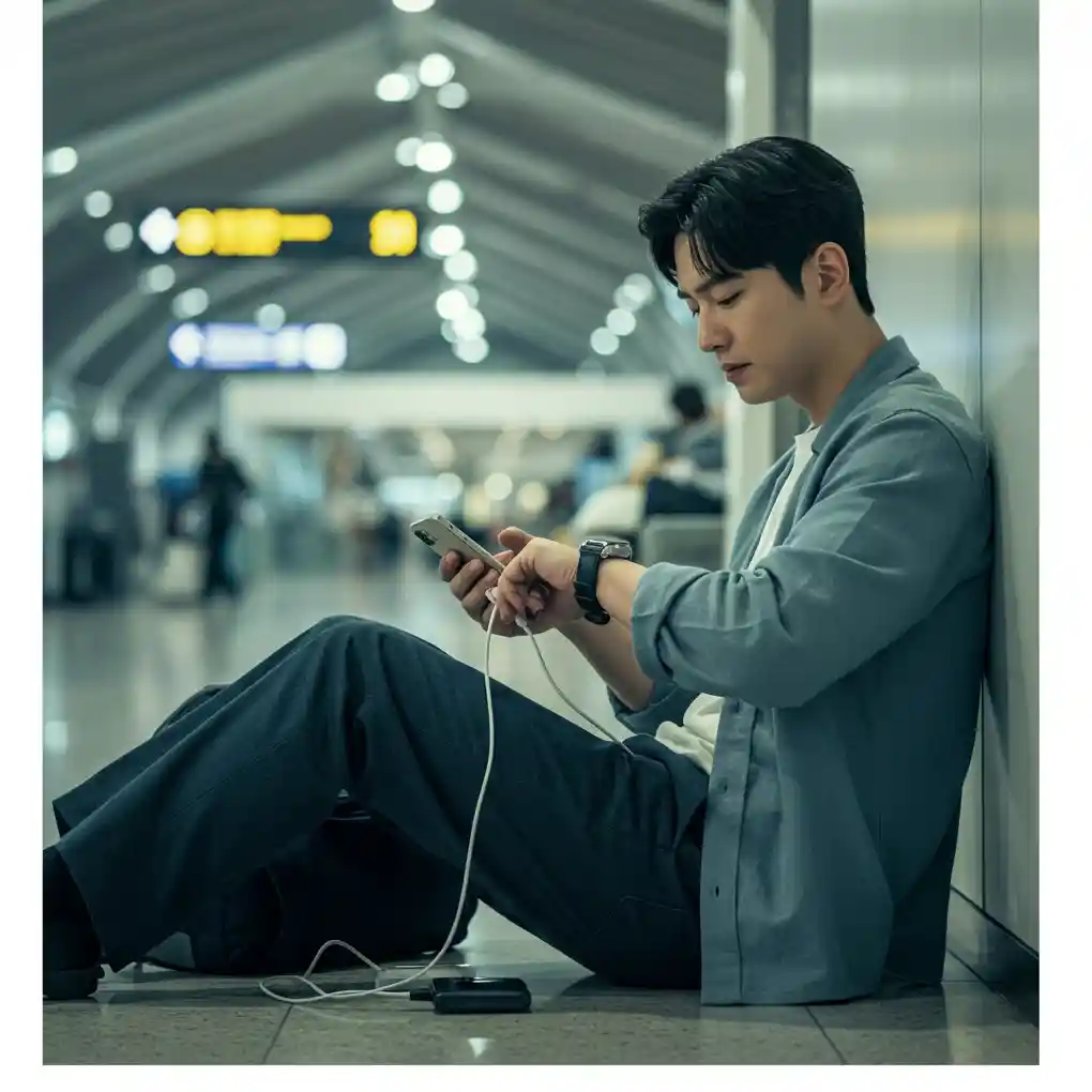 이미지 생성 아이폰 충전 보조배터리 공항 한국인 초조함 시계