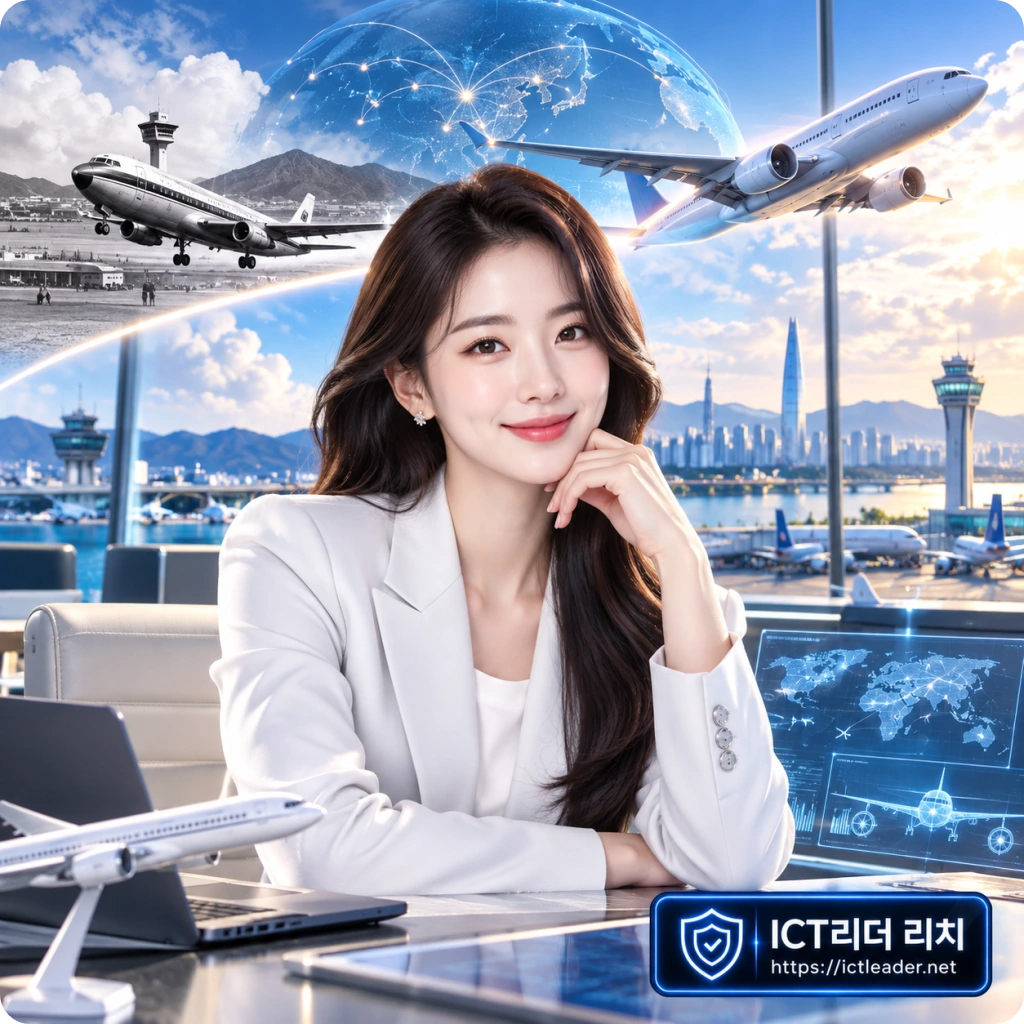 과거와 현재의 항공기와 디지털 항공 시스템을 배경으로 한 여성 항공 ICT 전문가 이미지