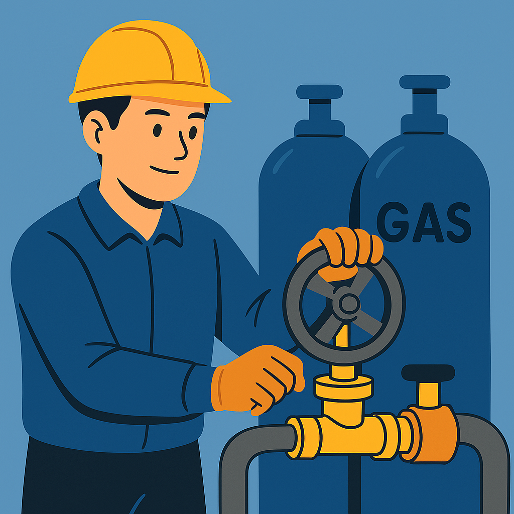 노란 안전모와 장갑을 착용한 가스기능사가 산업용 가스밸브를 조작하는 모습의 평면 일러스트