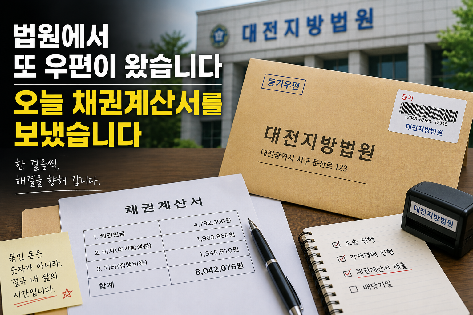 강제경매 배당기일통지서를 받고 채권계산서를 작성해 대전지방법원에 제출하는 과정 이미지