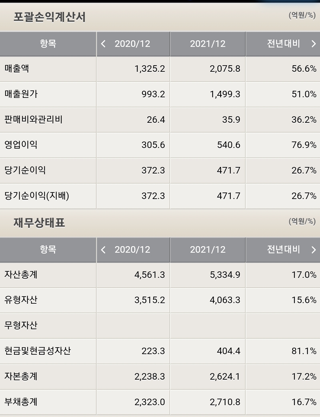 테스나 포괄손익계산서, 재무상태표