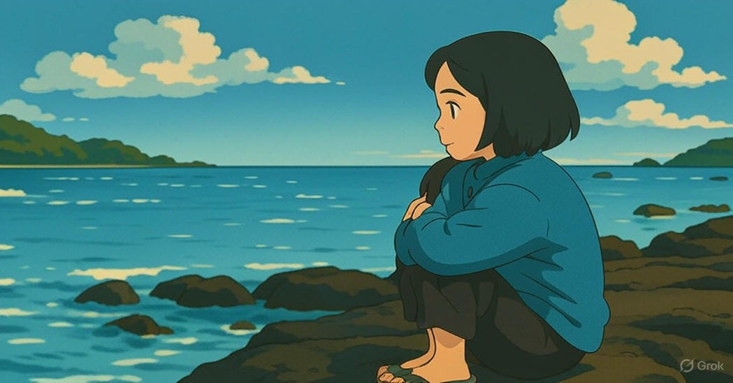 바닷가 해변에 앉아있는 소녀 지브리풍 이미지