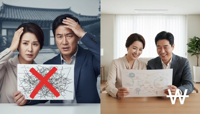 주택 구입 및 전세 자금 마련을 위한 키움증권 IRP 중도인출이 막혀 좌절하는 부부와, 다른 방법으로 자금을 해결하여 안도하는 부부를 대비하는 이미지.