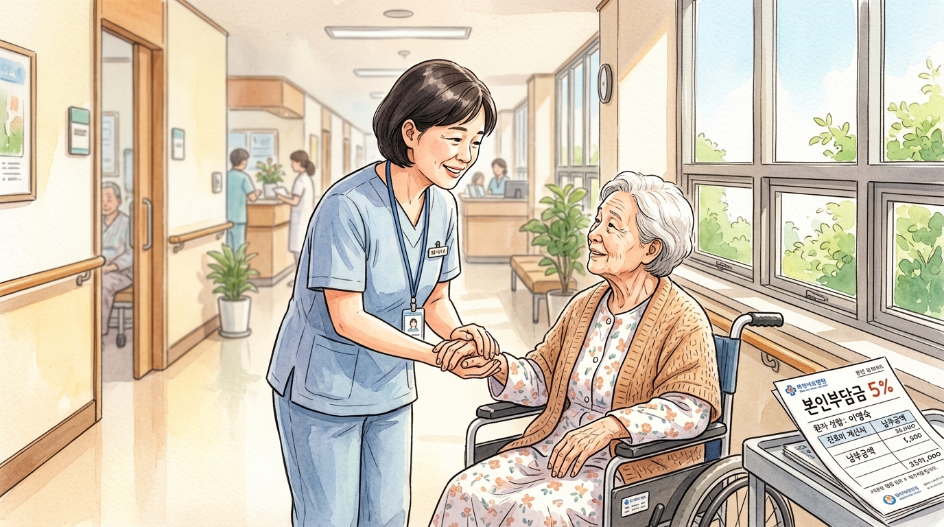 간호사가 아는 지인이 산정특례 제도로 병원비 본인부담금 5% 의료비 지원 받아 안도하며 위로해주는 모습.