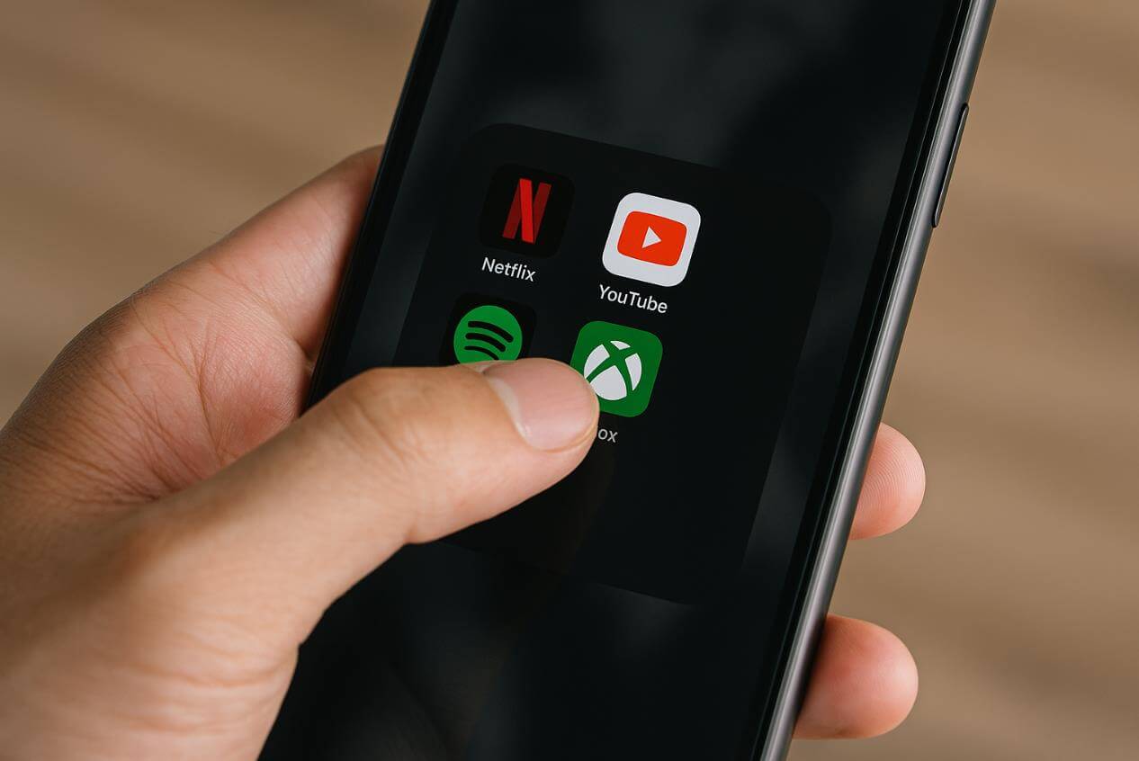 손에 든 스마트폰 화면에 넷플릭스, 유튜브 등 앱 아이콘.
