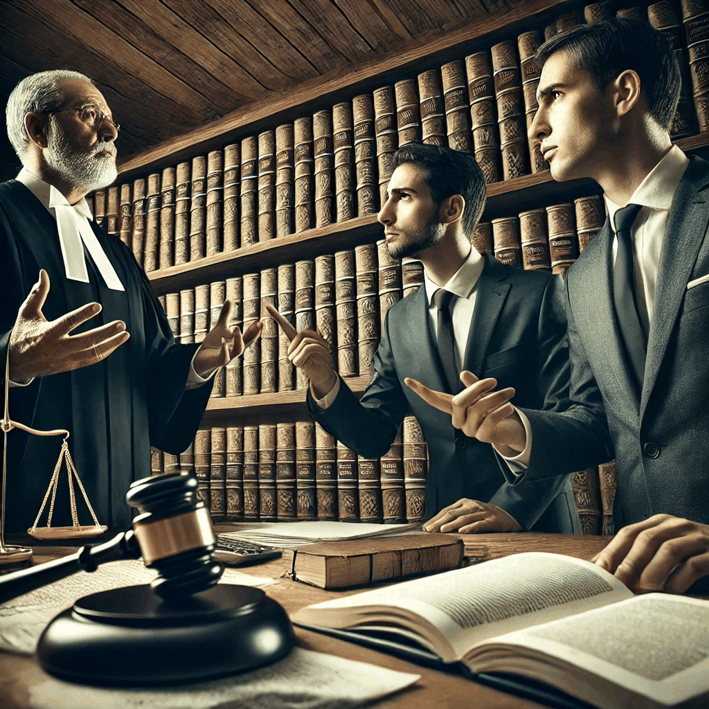 법정에서 판사가 법률 문서를 검토하며 두 변호사가 조항 해석을 두고 격렬하게 논쟁하는 진지한 장면