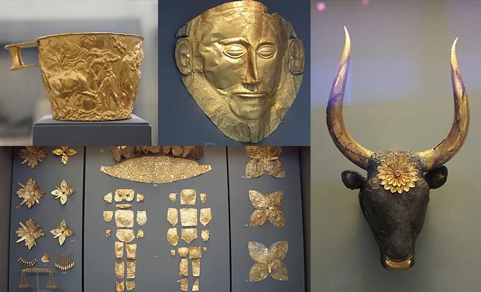 미케네 유적지에서 발견된 고대 황금 유물들. 중앙에는 유명한 아가멤논의 황금가면이 있고, 주변에 금으로 만든 장신구, 장식용 금잔, 황소 머리 조각이 진열되어 있다.