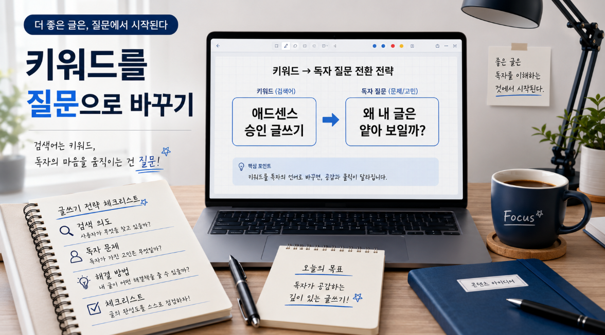 블로그 운영자가 애드센스 승인 글쓰기 키워드를 독자 질문과 해결 방법으로 바꾸는 장면