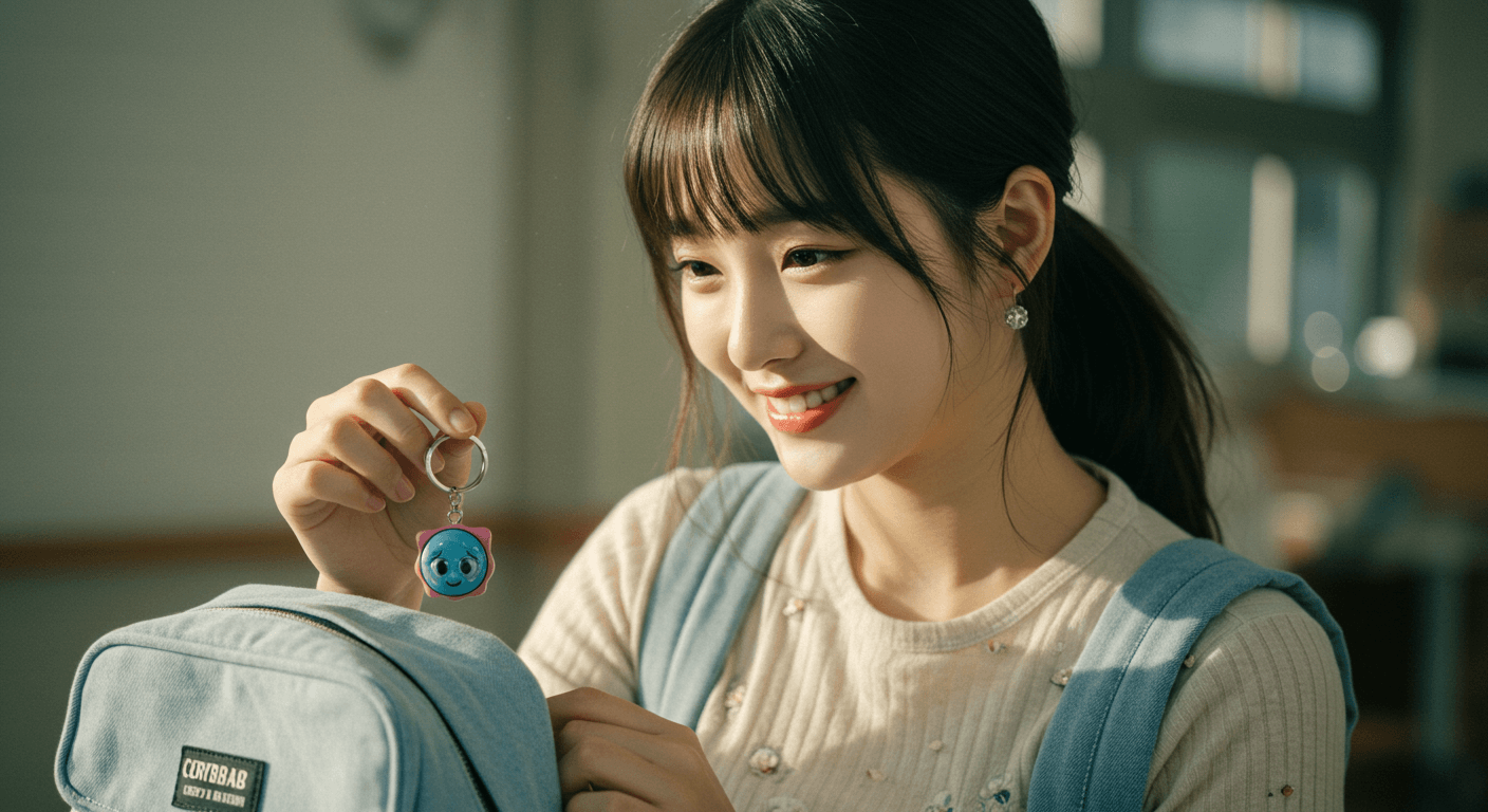 여성이 가방에 크라이베이비 키링을 달고 감성적으로 바라보는 장면 3