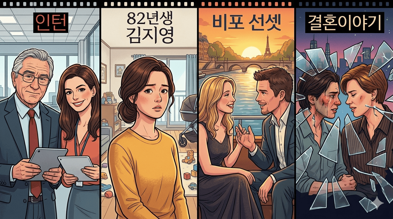 인턴, 82년생 김지영, 비포선셋, 결혼 이야기 영화 포스터