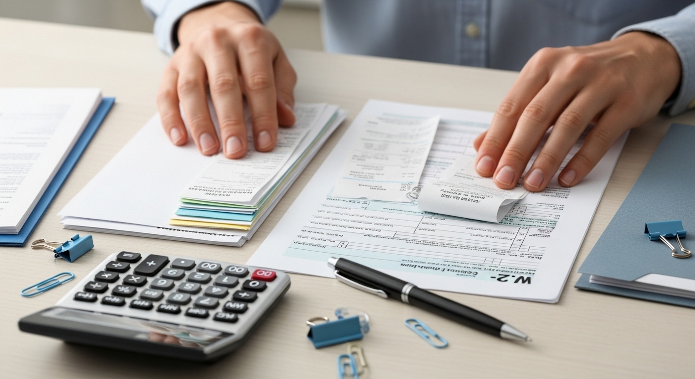 책상 위에서 연말정산 서류와 영수증을 꼼꼼히 정리하는 손, 세액공제 및 소득공제 혜택 준비를 의미합니다.
