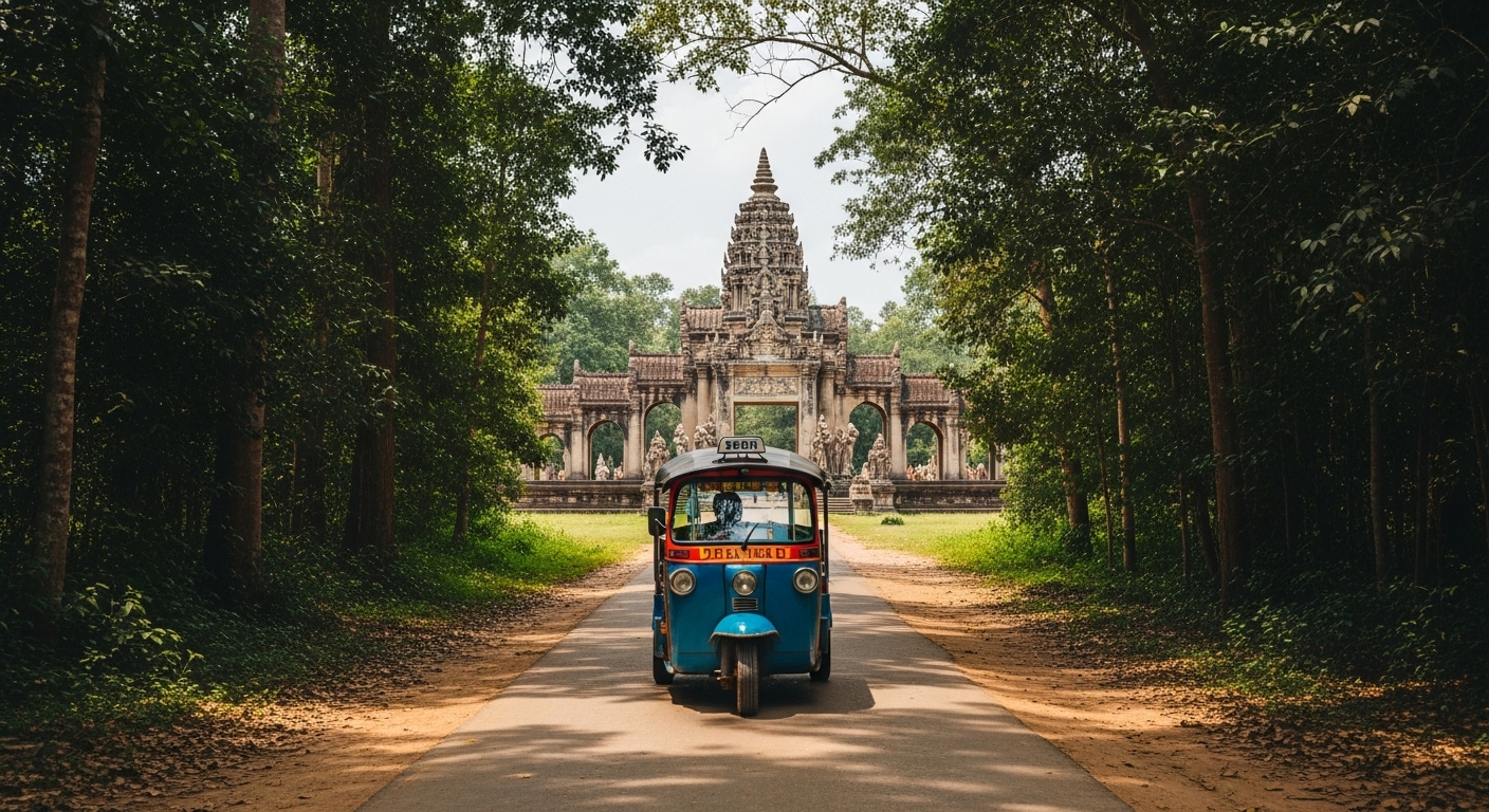 툭툭이 사원 입구로 향하는 정글길을 달리는 모습